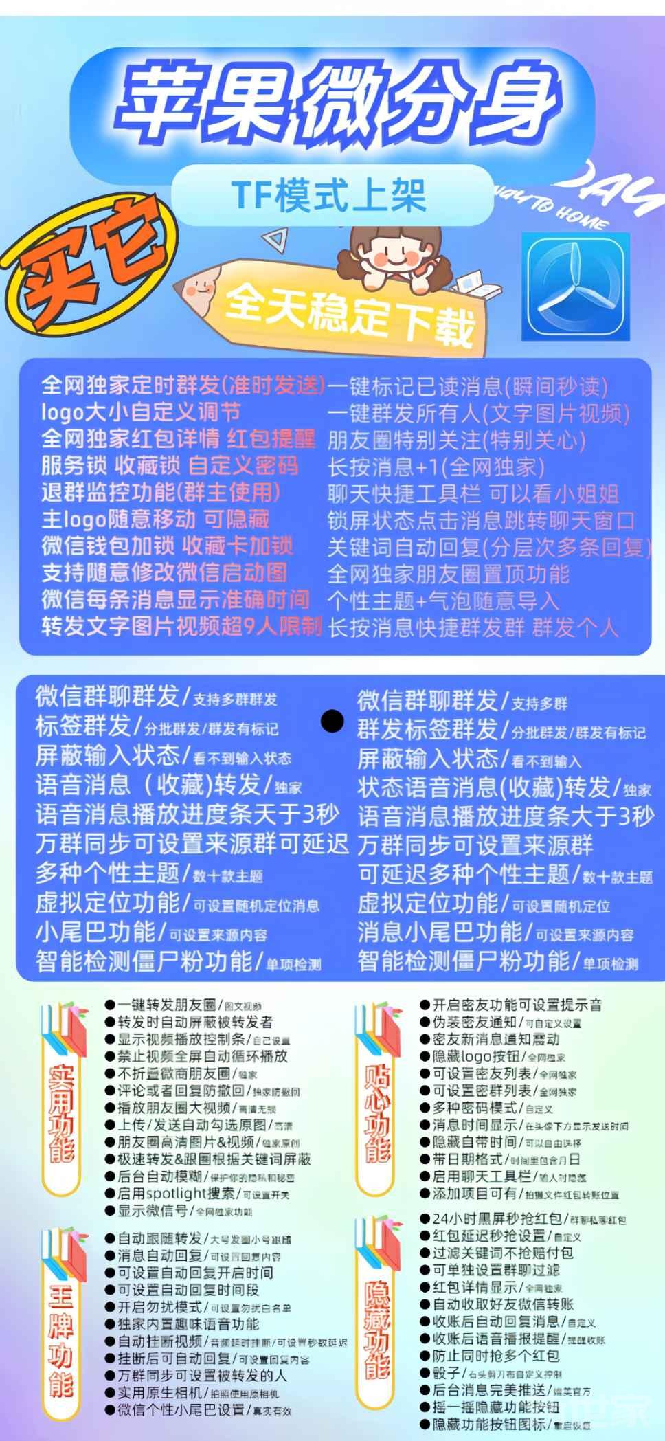 【苹果TF微分身授权码斗战神官网授权】微信分身一键群发所有人全网独家红包详情红包提醒朋友圈特别关注(特别关心)